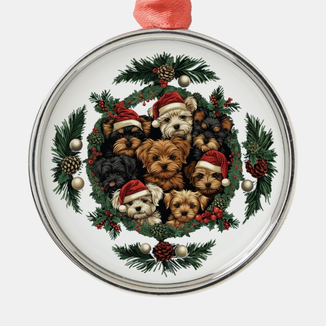 Frohe Weihnachts Yorkshire Terrier Dogs Ornament Aus Metall (Vorne)