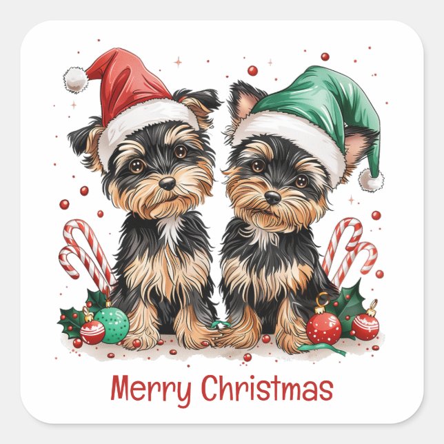 Frohe Weihnachts Yorkshire Terrier Dogs Quadratischer Aufkleber (Vorderseite)