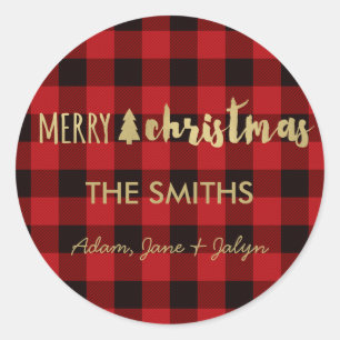 Frohe Weihnachtsaufkleber Buffalo Karo und Gold Runder Aufkleber