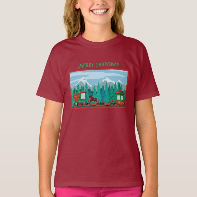Frohe Weihnachtsbahn und Scotty Hund T-Shirt (Vorderseite)