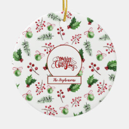 Frohe Weihnachtsbälle Holly Berries Pine Monogram Keramik Ornament