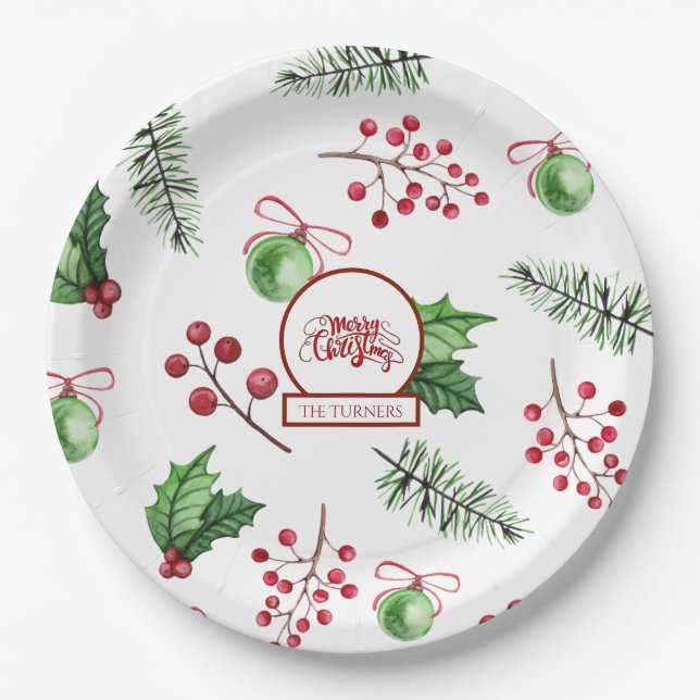 Frohe Weihnachtsbälle Holly Berries Pine Monogram Pappteller (Vorderseite)