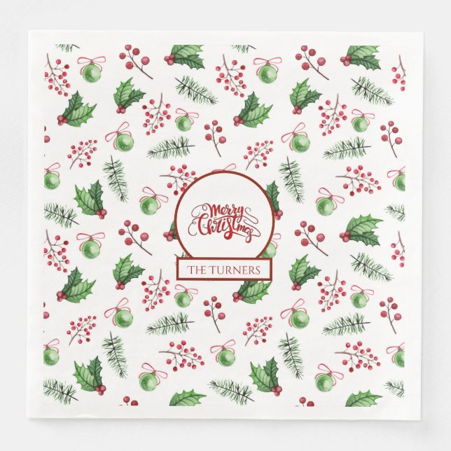 Frohe Weihnachtsbälle Holly Berries Pine Monogram Serviette (Vorderseite)