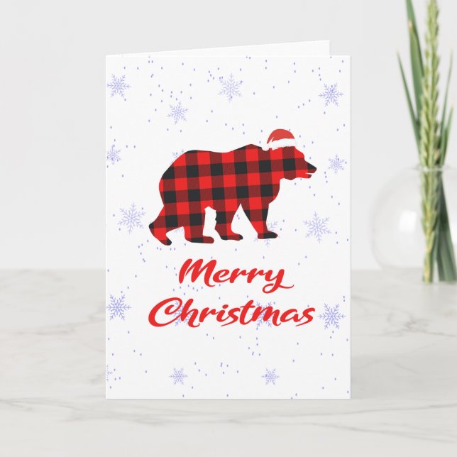 Frohe Weihnachtsbär Red Kariert Buffalo Feiertagskarte (Vorderseite)