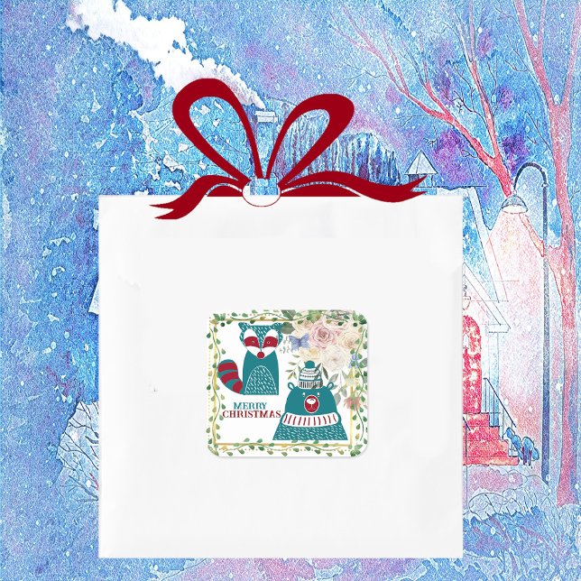 Frohe Weihnachtsbären Fox Nordic Decorative Floral Quadratischer Aufkleber (Merry Christmas Bear Fox Nordic Decorative Floral Square Sticker)