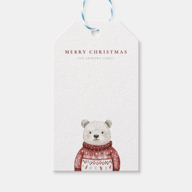 Frohe Weihnachtsbären in einem Pullover Geschenkanhänger (Vorderseite)