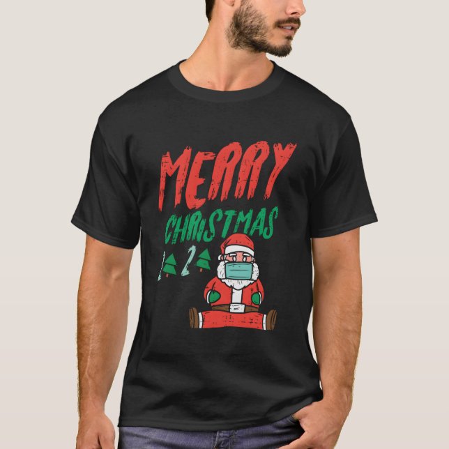 Frohe Weihnachtsbaum 2020 Santa in Maske Xmas Quar T-Shirt (Vorderseite)