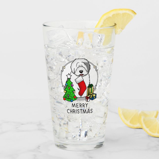 Frohe Weihnachtsbaum 2 Old English Sheepdog Gray 1 Glas (Rückseite Ice)