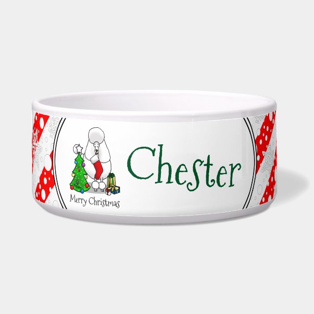 Frohe Weihnachtsbaum 2 Poodle (weiß) Hund Niedlich Napf (Vorderseite)