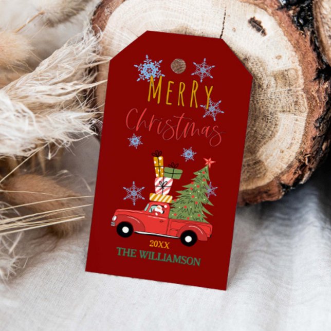 Frohe Weihnachtsbaum auf Red Car Truck Geschenkanhänger (Von Creator hochgeladen)