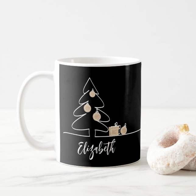 Frohe Weihnachtsbaum auf schwarz Kaffeetasse (Mit Donut)