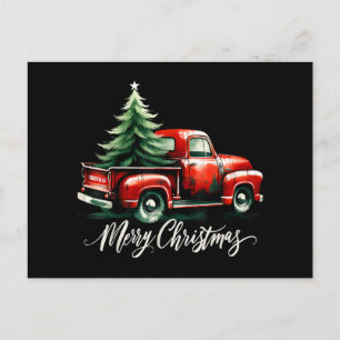 Frohe Weihnachtsbaum auf Vintagen Red Truck Famili Feiertagspostkarte