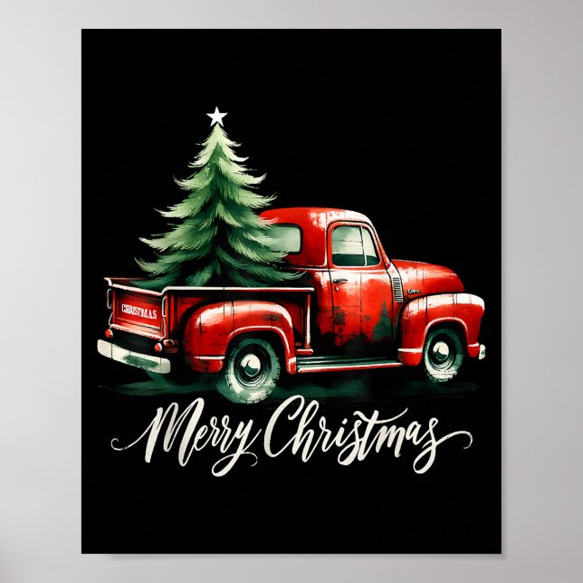 Frohe Weihnachtsbaum auf Vintagen Red Truck Famili Poster (Vorne)