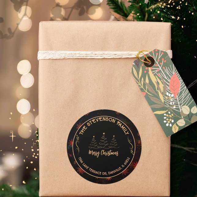 Frohe Weihnachtsbaum Black & Gold Festival Runder Aufkleber (Merry Christmas Tree Black &Gold Festive Classic Round Sticker )