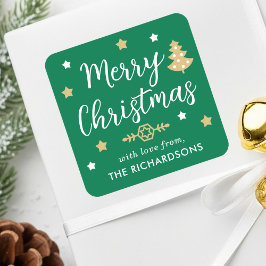 Frohe Weihnachtsbaum Custom Familienname Green Quadratischer Aufkleber