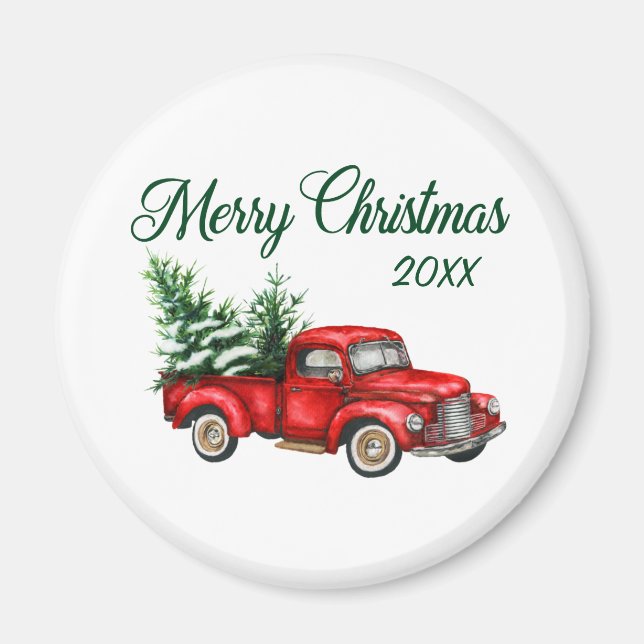 Frohe Weihnachtsbaum Datum Vintager roter LKW Magnet (Vorne)