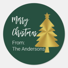 Frohe Weihnachtsbaum Dunkelgrüne Goldbezeichnung G Runder Aufkleber