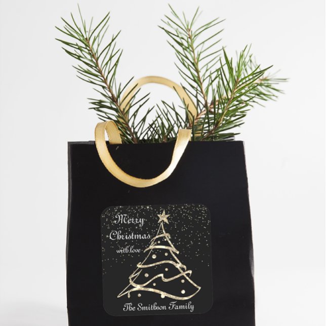 Frohe Weihnachtsbaum glücklich Neues Jahr mit Lieb Quadratischer Aufkleber (Merry Christmas Tree Happy New Year With Love Gold Square Sticker)