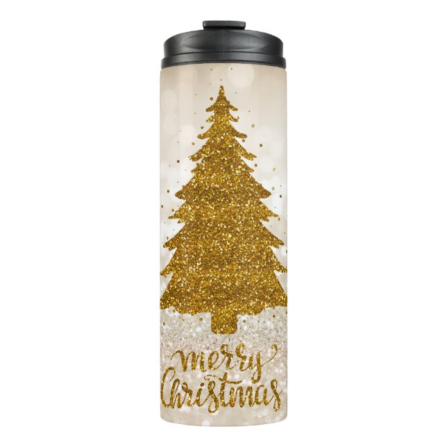 Frohe Weihnachtsbaum Gold Glitzer Thermosbecher (Vorderseite)