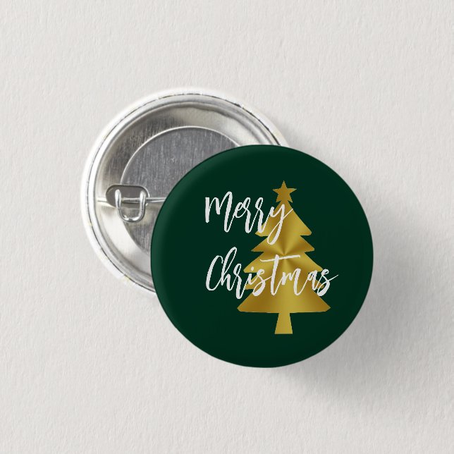 Frohe Weihnachtsbaum Green Gold und White Script Button (Vorne & Hinten)