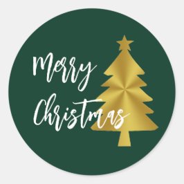 Frohe Weihnachtsbaum Green Gold und White Script Runder Aufkleber