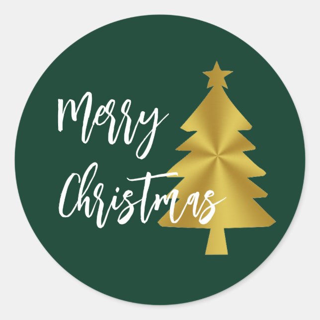 Frohe Weihnachtsbaum Green Gold und White Script Runder Aufkleber (Vorderseite)