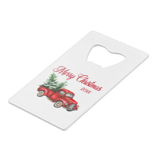 Frohe Weihnachtsbaum Jahr Vintag Red Truck Credit Geldbeutel Flaschenöffner