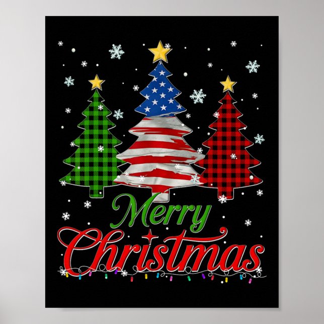 Frohe Weihnachtsbaum Kariert Us Flagge Schneeflock Poster (Vorne)