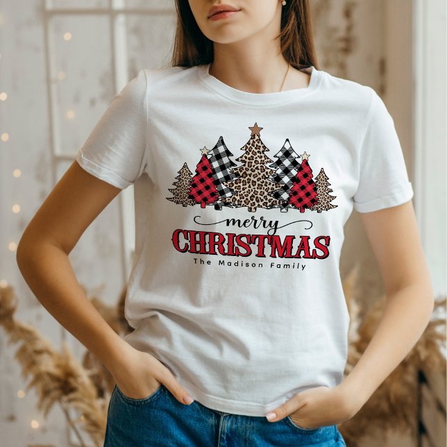 Frohe Weihnachtsbaum Leopard & Buffalo Kariert T-Shirt (Von Creator hochgeladen)