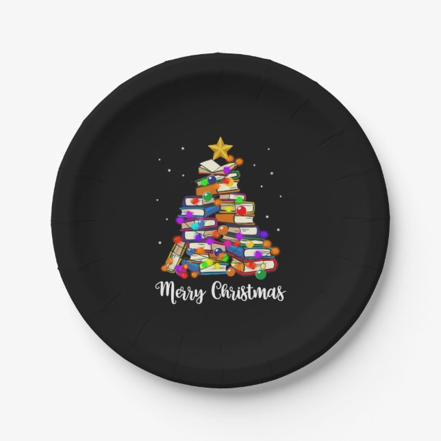 Frohe Weihnachtsbaum lesen Bücher Lover Librarian Pappteller (Vorderseite)