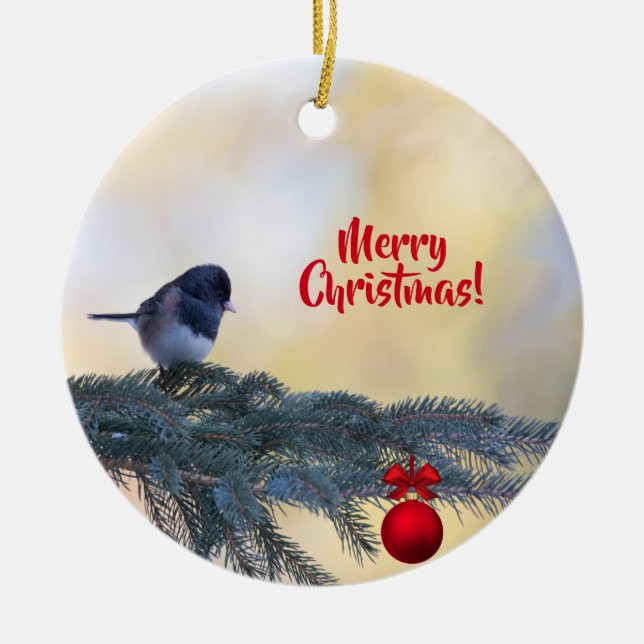 Frohe Weihnachtsbaum mit einem Snowbird auf einem Keramik Ornament (Vorne)