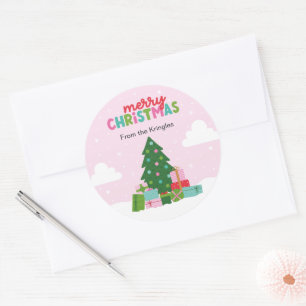 Frohe Weihnachtsbaum mit Geschenken in Pastellrosa Runder Aufkleber