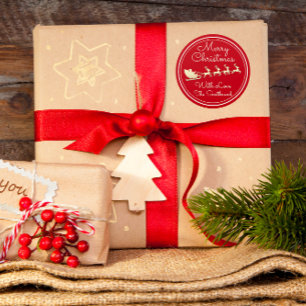 Frohe Weihnachtsbaum Name Red Gold Santa Sleigh Runder Aufkleber