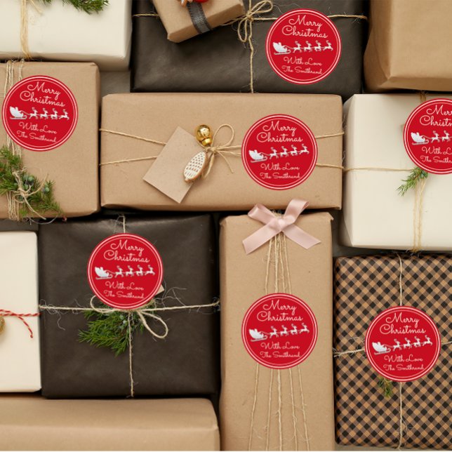 Frohe Weihnachtsbaum Name Red Silver Santa Sleigh Runder Aufkleber (Merry Christmas Tree Name Red Silver Santa Sleigh Classic Round Sticker)