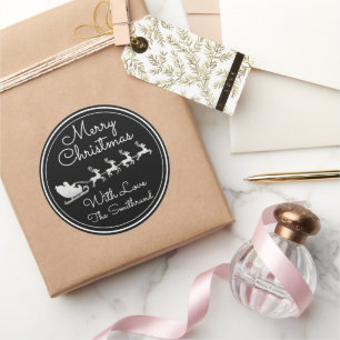 Frohe Weihnachtsbaum Name Silver Santa Sleigh Deer Runder Aufkleber