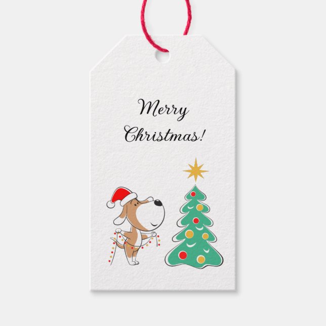 Frohe Weihnachtsbaum Niedliche Welpe Hund Weihnach Geschenkanhänger (Vorderseite)
