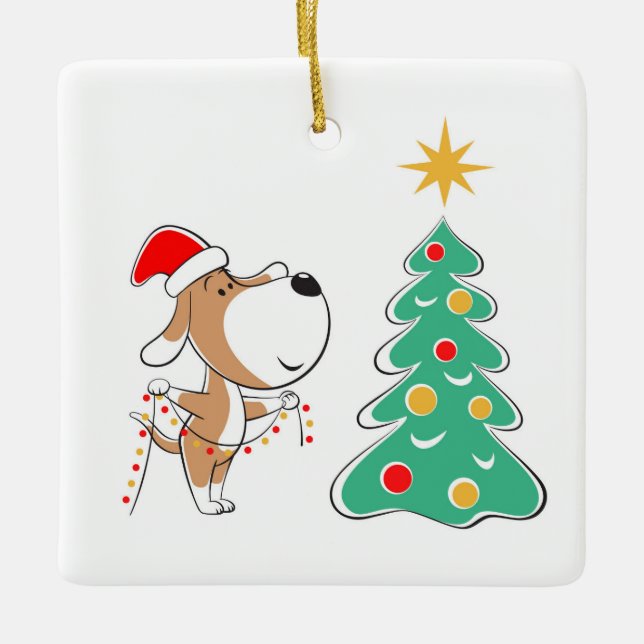 Frohe Weihnachtsbaum Niedliche Welpe Hund Weihnach Keramikornament (Vorderseite)
