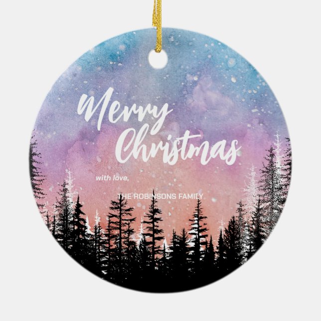 Frohe Weihnachtsbaum Night Gradienten Skript Wald Keramik Ornament (Hinten)