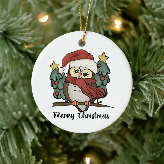 Frohe Weihnachtsbaum Owl Weihnachtsmannmütze Retro Keramik Ornament (Baum)