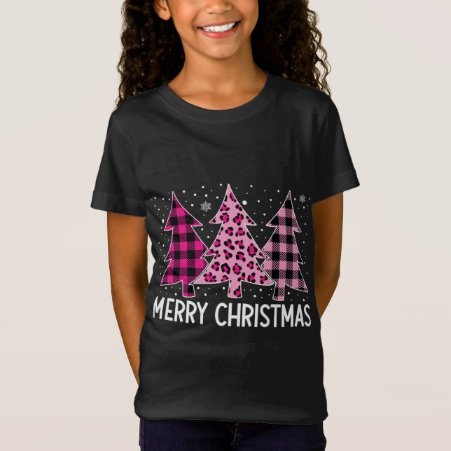 Frohe Weihnachtsbaum Pink Buffalo Kariert und Leop T-Shirt (Vorderseite)
