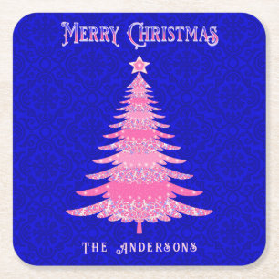 Frohe Weihnachtsbaum Pink Personalisierte Schneefl Rechteckiger Pappuntersetzer
