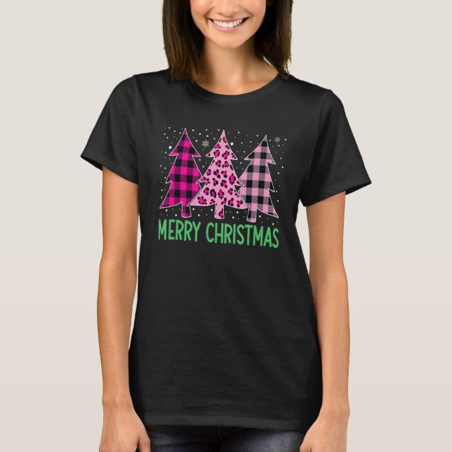 Frohe Weihnachtsbaum rosa Buffalo Kariert und Leop T-Shirt (Vorderseite)