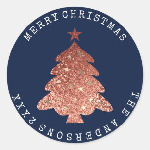 Frohe Weihnachtsbaum Rose Gold Blue Navy Runder Aufkleber
