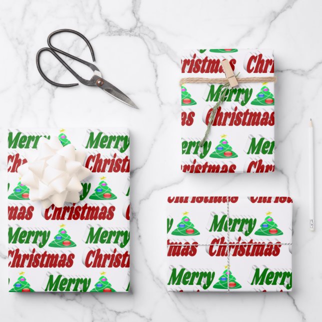 Frohe Weihnachtsbaum rote grüne Typografie Geschenkpapier Set (Vorderseite)