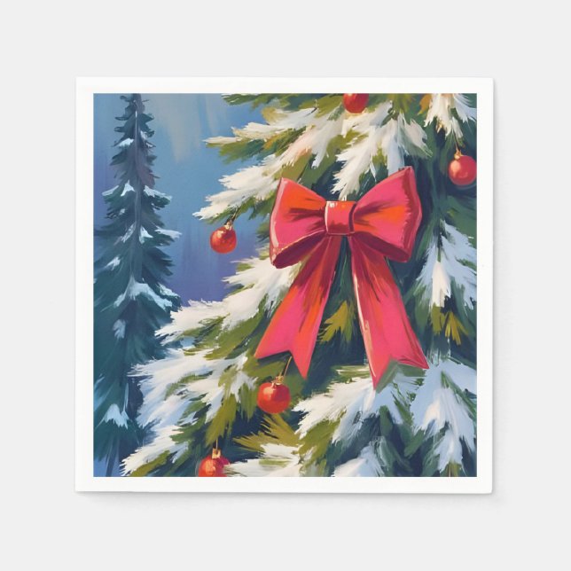Frohe Weihnachtsbaum Roter Bogen Wasserfarbenmaler Serviette (Vorderseite)