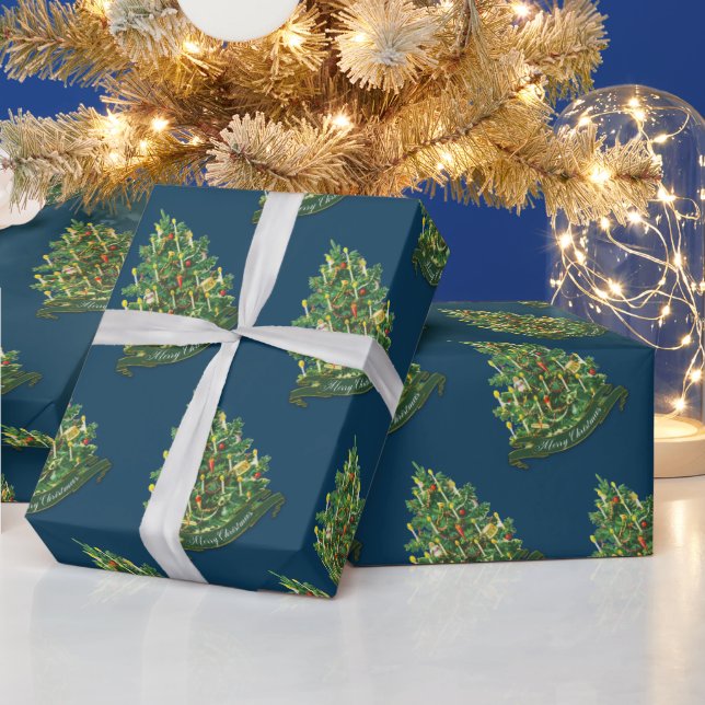 Frohe Weihnachtsbaum Rustic Vintag Classic Blue Geschenkpapier (Feiertage)