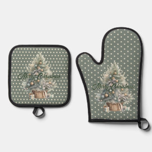 Frohe Weihnachtsbaum Sage Green Polka Dot Ofenhandschuh & Topflappen-Set