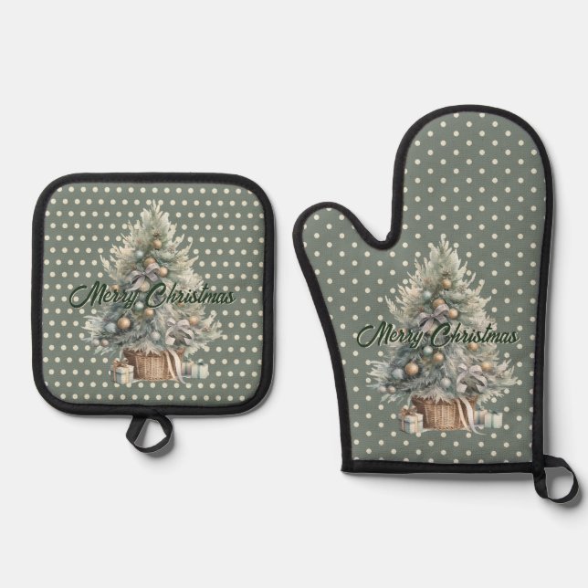 Frohe Weihnachtsbaum Sage Green Polka Dot Ofenhandschuh & Topflappen-Set (Vorderseite)
