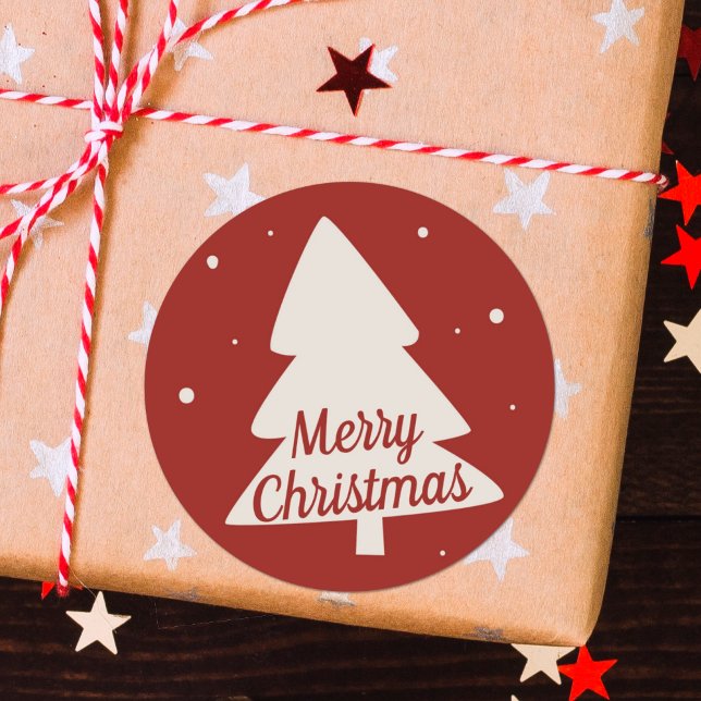 Frohe Weihnachtsbaum Silhouette rot & weiß Runder Aufkleber (Von Creator hochgeladen)