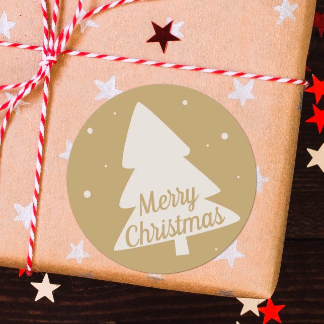 Frohe Weihnachtsbaum Silhouette weiß & gold Runder Aufkleber (Von Creator hochgeladen)